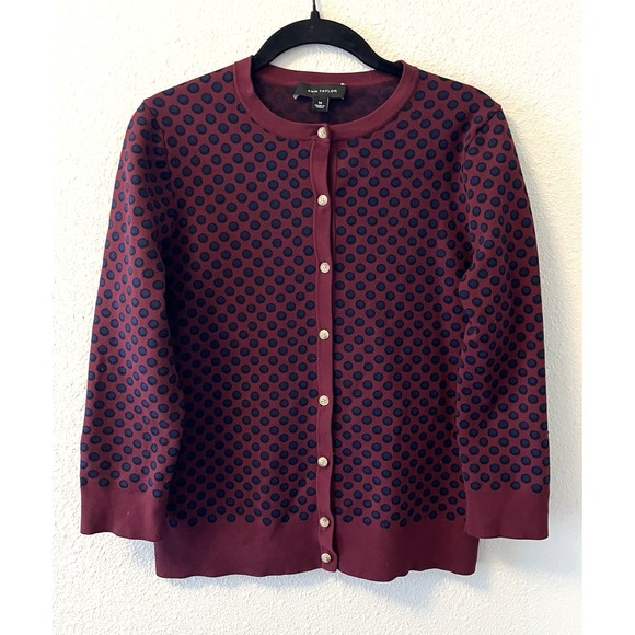 Ann Taylor Sweaters - Ann Taylor Burgundy and Navy Polka Dot Cardigan